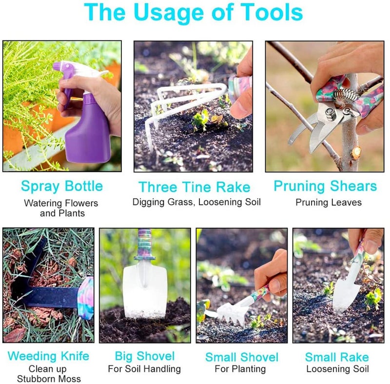 LEKEONE Gardening Tools, LEKEONE 10 Pieces Garden Tools with Floral Print, Ergonomic Handle Trowel Rake Weeder Pruner Shears Sprayer,Gardening Supplies with Carrying Case Gifts for Women - Image 2